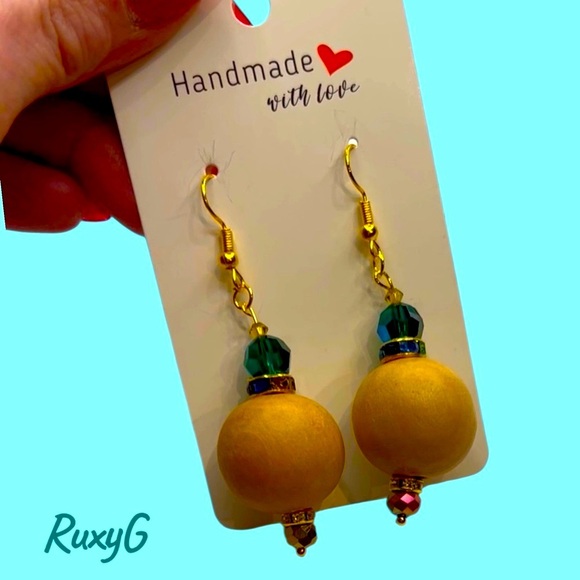 579.  Wood 🪵 & Swarovski Earrings - Picture 1 of 6
